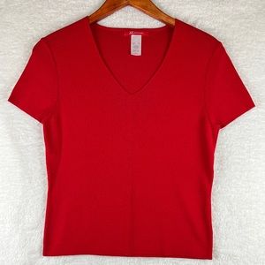 ANNE KLEIN Red Knit V-Neck Short Sleeve Pull Over Top Size Medium